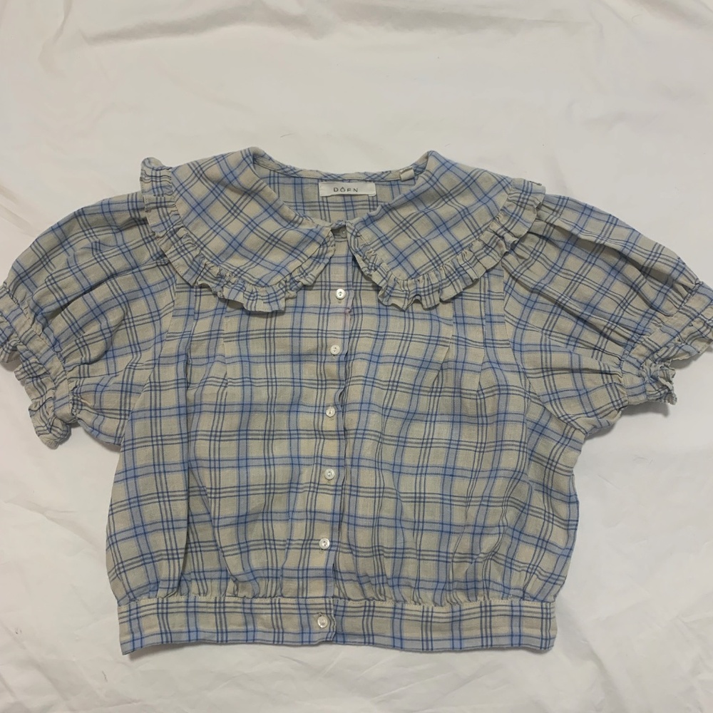 Doen Cream and Blue Plaid Ruffle Collar Button-Front Blouse - Picture 2 of 3
